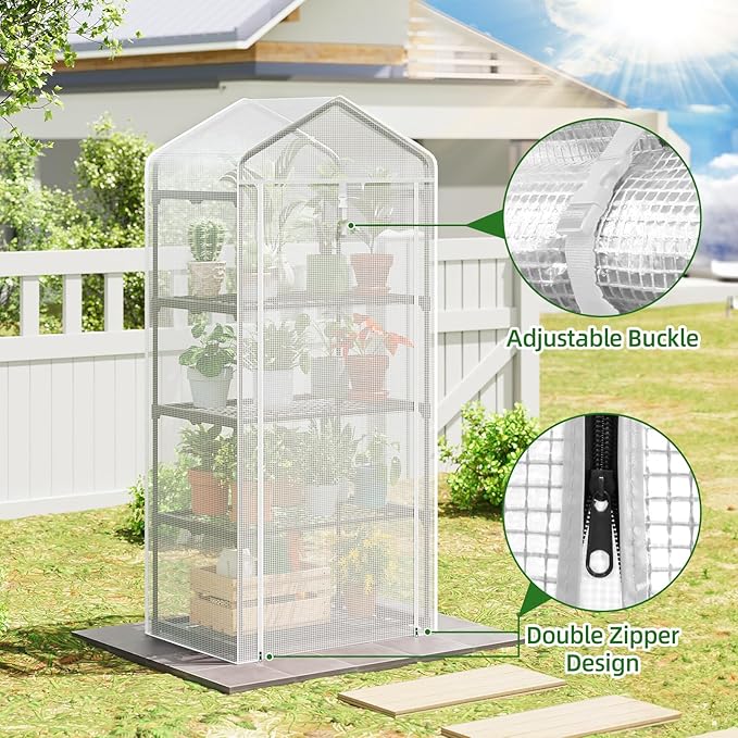 SUPERLELE 4 Tier Mini Greenhouse for Indoor Outdoor, 19.3x27.2x62in Portable Plant Greenhouse with Adjustable Shelves, Reinforced PE Mesh Cover, Heavy Duty Steel Frame, Waterproof for Balcony Patio