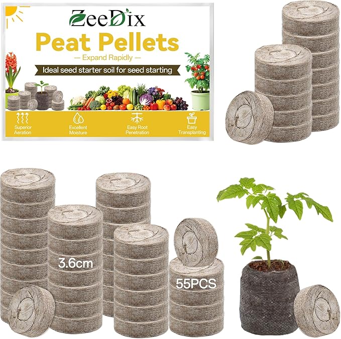ZeeDix 55Pcs 36mm Peat Pellets for Seedlings, Seed Starter Pods Seed Starting Plugs Soil, Compressed Nutrient Block Potting Soil Discs Pellet for Planting Herbs Flowers Vegetables
