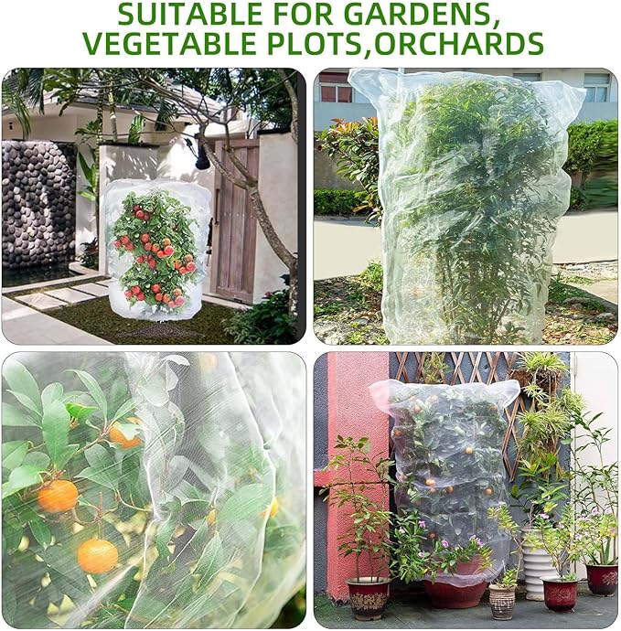 Garden Mesh Netting for Plants, 4 Pack Insect Bird Barrier Netting Mesh with Drawstring, 3.3x4.9 FT Garden Bug Netting Plant Cover for Protect Fruit Tree Vegetable Flowe