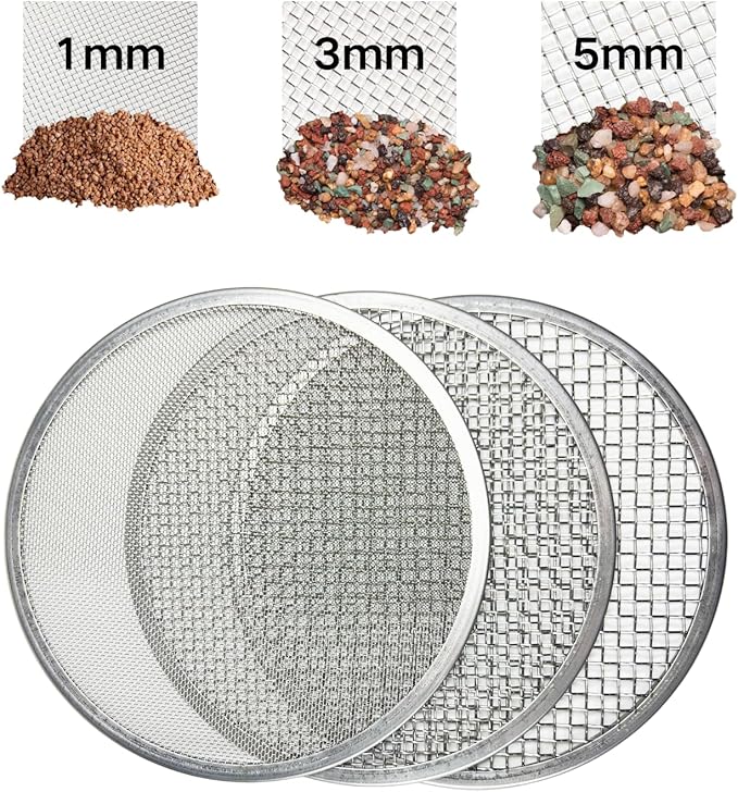 Soil Sifter for Gardening, Stainless Steel Sifting Pan Dirt Sifter, 9.5in Rock Sifter with 3 Sieve Mesh Filter Sizes