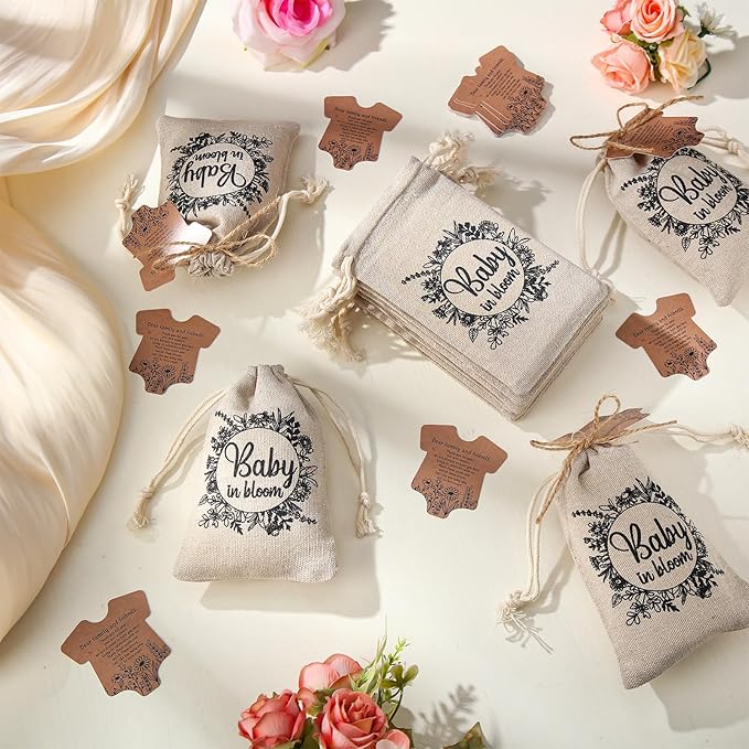 Fumete 25 Sets Baby Shower Party Favors for Guests Baby in Bloom Seed Packets Wildflower Organizer Seed Packets Burlap Bag with Drawstring Thank You Cards and Twine for Party Favor Guests, No Seeds