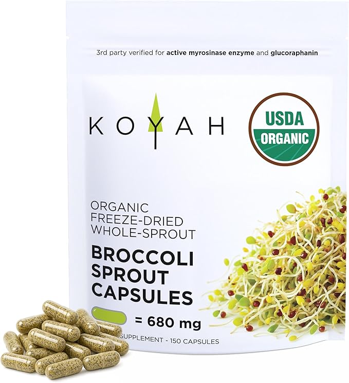 KOYAH - Organic Broccoli Sprout Capsules – Freeze-Dried Whole Broccoli Sprouts – 3rd Party Tested for Active Myrosinase & Glucoraphanin (Sulforaphane Glucosinolate) - 150 Capsules