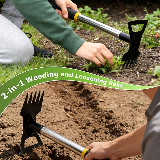 2 in 1 Hand Weed Rake,5-Tine Small Garden Hoe for Weeding,15.7" Weed Hoe with Comfortable Short Handle for Flower Beds,Courtyards,and Narrow Gaps(5-Tooth Short Handle)