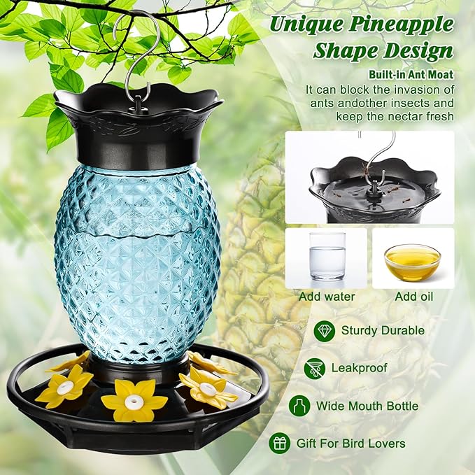 Fchstaer Glass Hummingbird Feeders for Outdoors Hanging Ant and Bee Proof 16OZ 2 Pack Blue Pineapple Humming Bird Feeder with 6 Feeding Ports and Ant Moat Hummingbird Gifts for Women Garden Decor