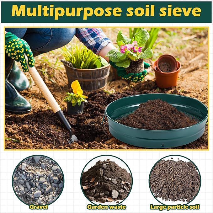 14.57'' Large Soil Sifter for Gardening with 1, 3, 6, 9, 12 mm Sieve Mesh Compost Dirt Sifter with Handle Garden Sand Soil Rock Sieve for Dirt Sand Rocks Pellet Gravel(Green)