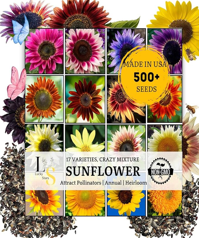 500+ Mixed Sunflower Seeds for Planting (17+ Varieties, Crazy Mixture), Indoor & Outdoor, Bulk Pack, Heirloom, Non-GMO, Attracts Butterflies & Bees