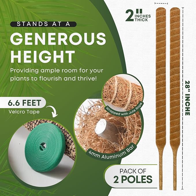 28 Inch 2 Pack Bendable Moss Pole Monstera Plant Support | Plant Stakes for Indoor Plants | Coconut Fiber Moss Poles for Climbing Plant| Handmade Coco Coir Plant Sticks for Potted Plants