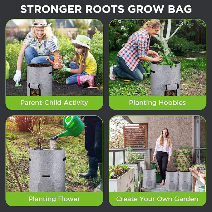 Yoojahow 2 Pack 30 Gallon Potato Grow Bags with Harvest Window, Durable Garden Planter Bags with Handles for Potatoes, Tomatoes, and Vegetables - Indoor & Outdoor Gardening Supplies (Gray)