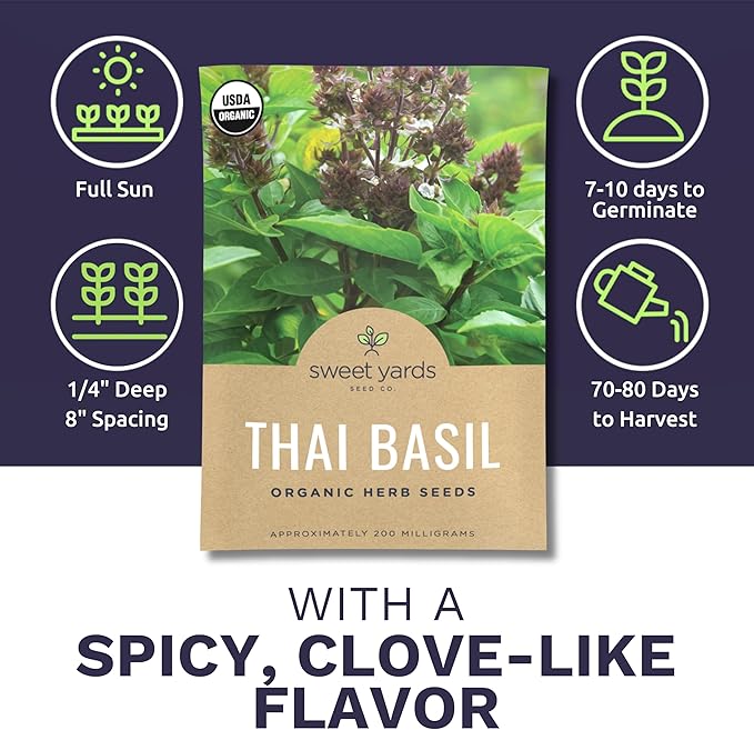 Organic Thai Basil Seeds – Seed Packet of Over 440 Open Pollinated Non-GMO Seeds – Sweet Yards Seed Co.