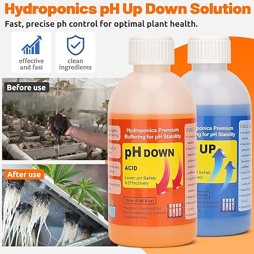 Hydroponics pH Control Kit pH Up and Down Control Set (2 x 250ml Bottles) Accurate PH Level Adjustment for Hydroponics, Aquaponics, DWC, Indoor & Outdoor Growing