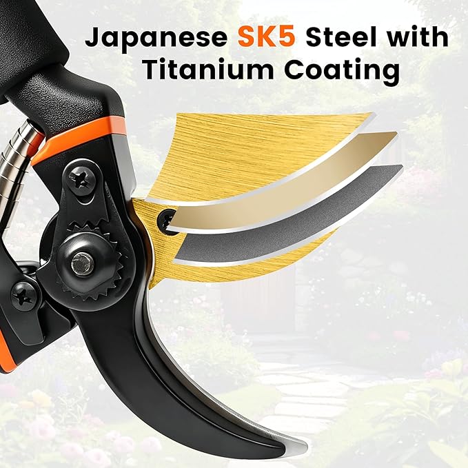 8.5 Inch Pruning Shears, Bypass Pruners with Titanium-Coated Japanese SK5 Steel Blade, Heavy Duty Garden Shears for Trimming Branches, Gardening Hand Tools with Ergonomic Handles