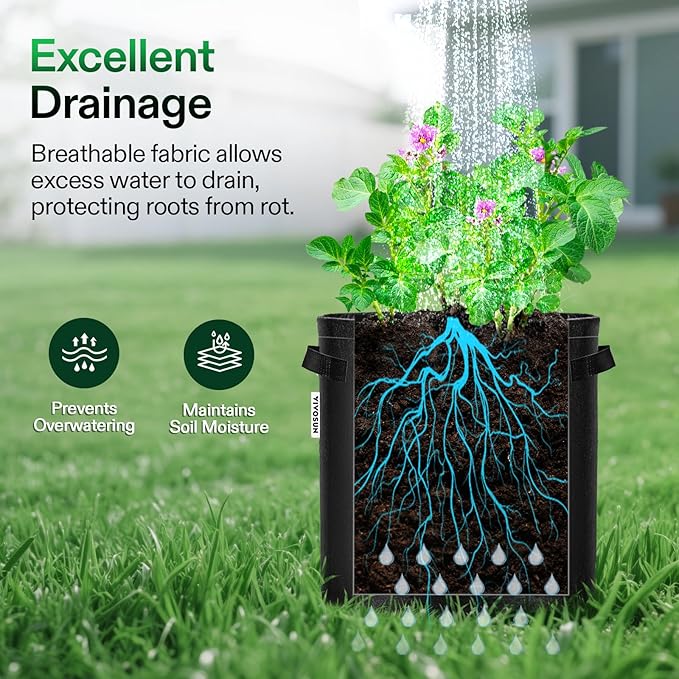VIVOSUN 5-Pack 7 Gallon Potato Grow Bags, Fabric Pots With Handle and Roll-up Window, Planter Containers for Growing Potatoes, Black