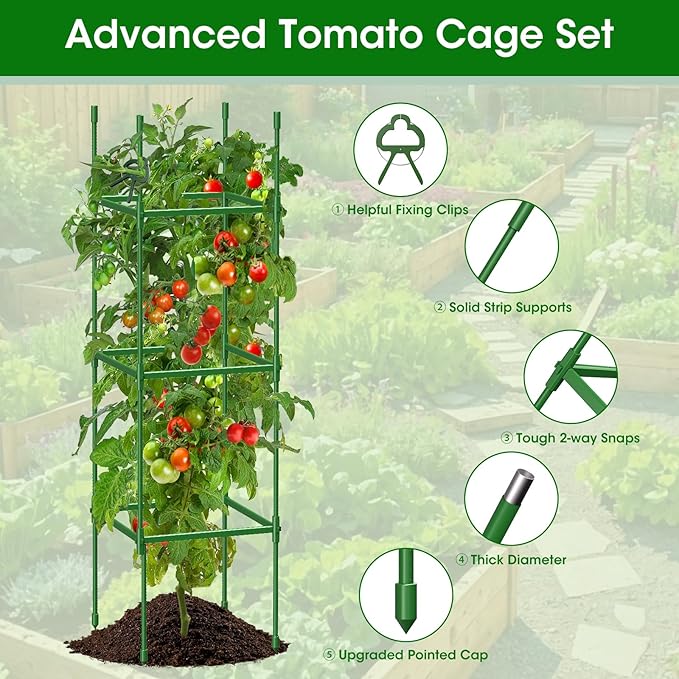 6 Pack Tomato Cages for Garden, Up to 55Inch Square Tomato Plant Cage, Upgraded Octagonal Connector, Heavy Duty Adjustable Tomato Stake Support for Garden Climbing Vegetables Flowers Fruits