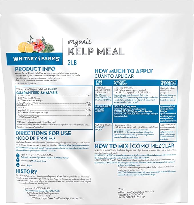 Whitney Farms Organic Kelp Meal - 0.7.01-2 Fertilizer and Soil Conditioner for Vegetables, Flowers, Roses and Shrubs - 2 lbs.