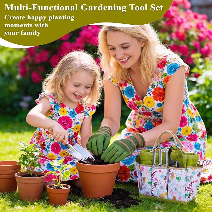 15-Piece Garden Tool Set for Women, Heavy Duty Gardening Kit with Floral Garden Bag, Steel Garden Hand Tools, Plant Labels, Gloves, Gardening Gift Basket for Men Gardeners Plant Lovers, Green