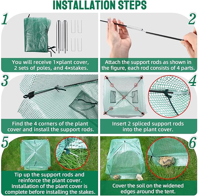 Plant Cover Freeze Protection Blanket, 24''x24''x21'' Outdoor Garden Fabric Cover with Poles and Stakes for Winter Frost, Frost Covers for Small Trees, Shrubs, Green