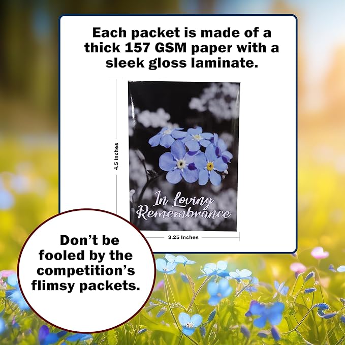 50pc Premium Pre-Filled Forget Me Not Seeds Packets Favors for Funerals, Funeral Decorations, Celebration of Life Decorations, Forget Me Not Seeds Packets, Celebration of Life Ideas, Memorial Cards