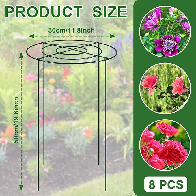 8PCS 11.8" D x 19.7" H Peony Cages and Supports, Peony Cage, Peony Support, Heavy Duty Metal Plant Supports for Outdoor Plants for Peony, Hydrangea, Rose and Other Tall Flowering Plants