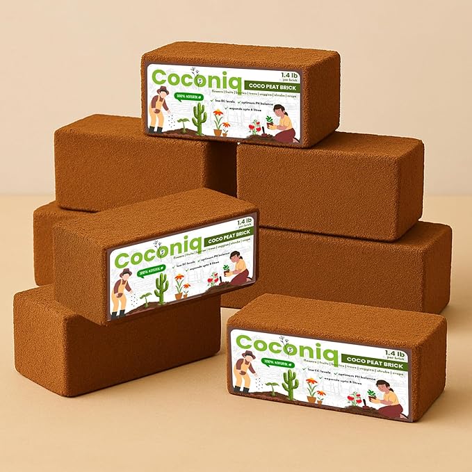 COCONIQ Premium Coco Coir Bricks 8 Pack - Lightweight Cocopeat for Garden Soil, Compressed Coconut Fiber Brick for Potting, Gardening, Planting, Seed Starting, Indoor & Outdoor Plants, Set of 8