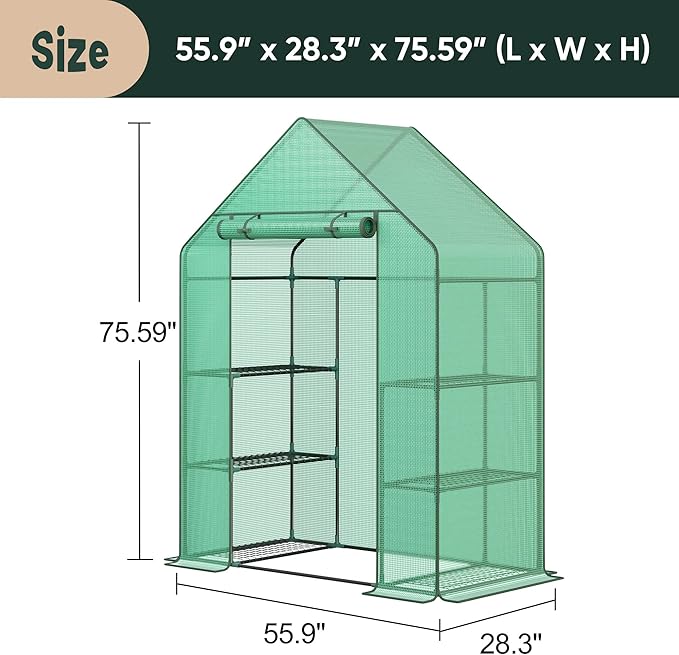 LEMY Mini Walk-in Greenhouse 3 Tiers 6 Shelves with PE Cover,Roll-Up Zipper Door and Mesh Windows,Anchors Ropes for Outdoor Garden,Backyard,Patio,Grow Vegetables,Flowers and Herbs