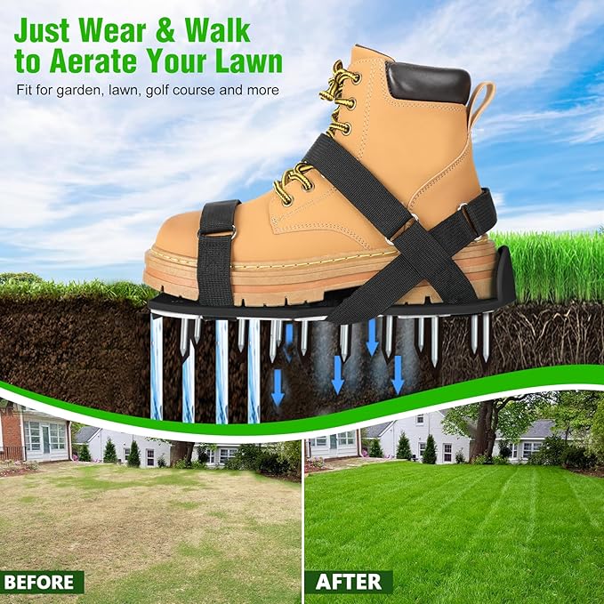 Lawn Aerator Shoes for Grass - Pre-Assembled Grass Aerator Shoes for Lawn - Soil Yard Aerator Tool for Aerating Patio Garden, Black, Small Size