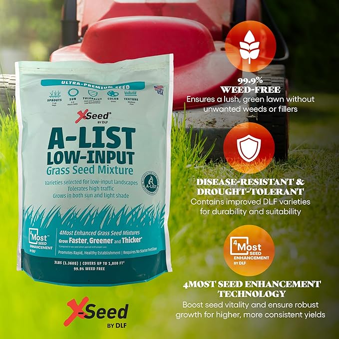 A-List Low Input Mixture Lawn Seed - Premium Grass Seeds for Lawn Repair Over Seeding and Thickening Ideal for Low Maintenance Drought-Resistant Lawn for High Traffic Sun and Light Shade Mix, 3 Pounds