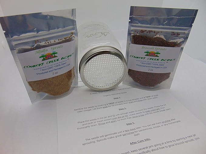 Sprouting Kit with 2 Sprout Screens, Alfalfa Seeds, Broccoli Seeds, Information Sheet All About Sprouts, Directions