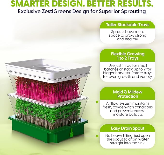 2026 Upgraded 2-Tier Stackable Seed Sprouter with Air Holes & Easy Sink-Draining Spout Tray – Soil-Free Sprouting System for Broccoli, Alfalfa & Bean Sprouts.