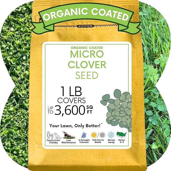 Flawn Seed Kits Micro Clover Seed, 1 Lb, Organic Coated, Eco-Friendly, Low Growing, Low Maintenance, Lawn Alternative, Kraft Zipper Pouch, Covers up to 3,600 Sqft