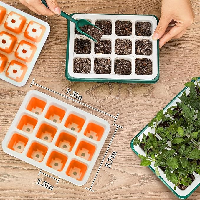 Seed Starter Tray, Reusable Seed Starter Kit, Silicone Seedling Starter Trays for Starting Plant Seeds, Seed Starting Trays with Flexible pop-Out Cells, Indoor Plant Germination Trays (Orange 10PCS)