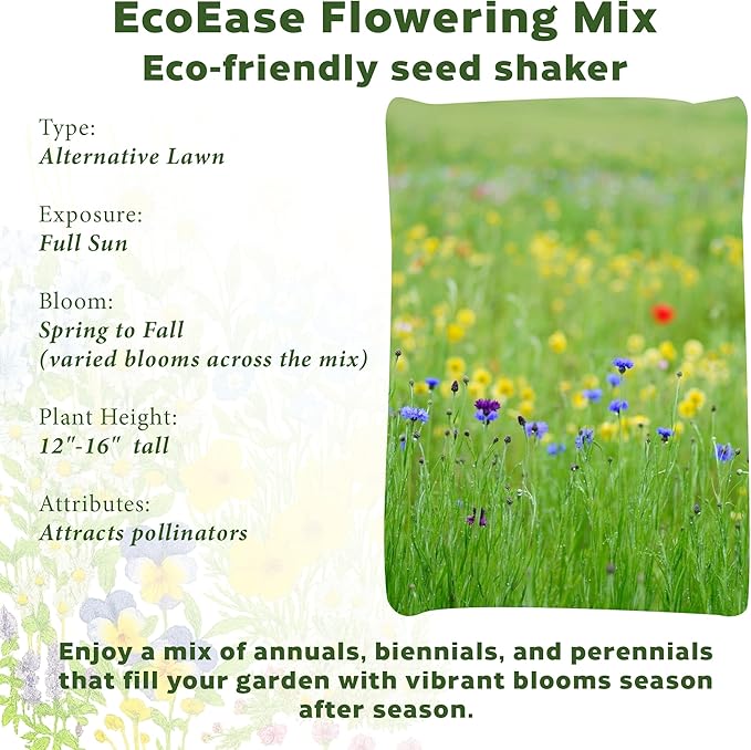 Botanical Interests EcoEase Flowering Mix Alternative Lawn Seed Shaker – Covers 1,000 sq ft, Low-Maintenance Wildflower Blend, Perfect for Pollinators, Drought-Tolerant, Eco-Friendly Packaging