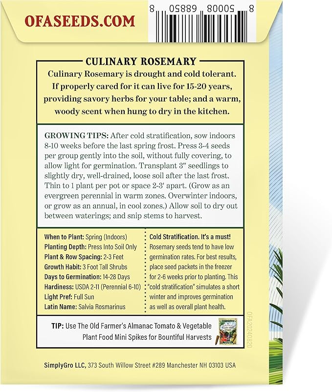 The Old Farmer's Almanac Heirloom Culinary Rosemary Herb Seeds - Premium Non-GMO, Open Pollinated, Drought & Cold Tolerant (1 Packet - 200 MG - Approx 180 Seeds)