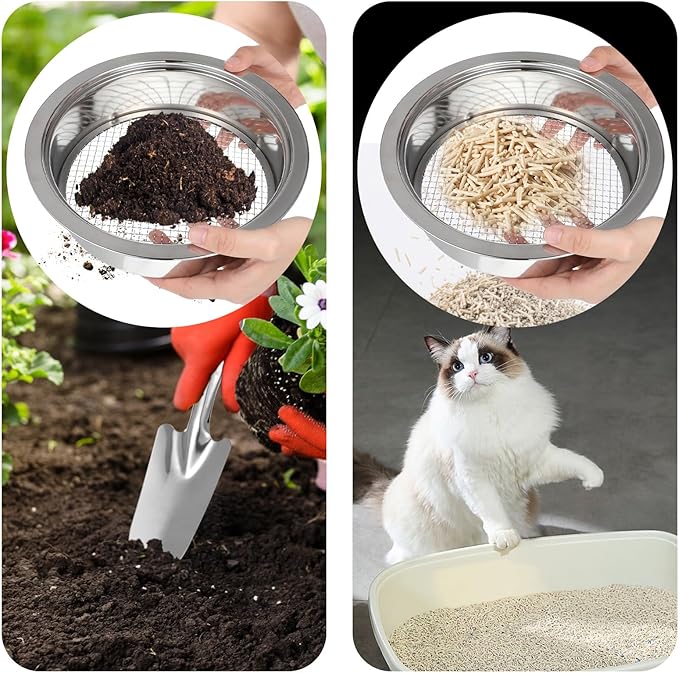 7 Pcs Soil Sifter Set Stainless Steel Riddle Sieve Set for Gardening with 5 Sizes 7.68" Diameter 1/3/6/9/12mm Interchangeable Meshes - Garden Potting Sieves with Shovel - Planting Soil Sifters Strains