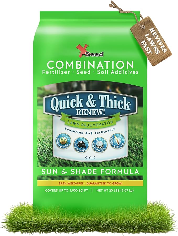 X-Seed Quick & Thick Renew Grass Seed & Soil Enhancer with Moisture & Micro Boost – Swift Germination, Drought Defense, Soil Revitalizer, & Root Boost – Ideal for Sun, Shade, & Over-Seeding – 20LB