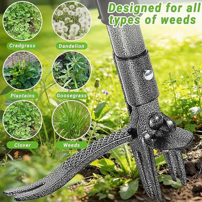 Weed Puller Tool, Heavy Duty Gardening Hand Tools with 4-Claw Steel Head & Dual-Eject Mechanism, 43.5" Bamboo Long Handle Stand Up Weeding Tool for Lawn Yard, Includes 16 Gallon Leaf Bag