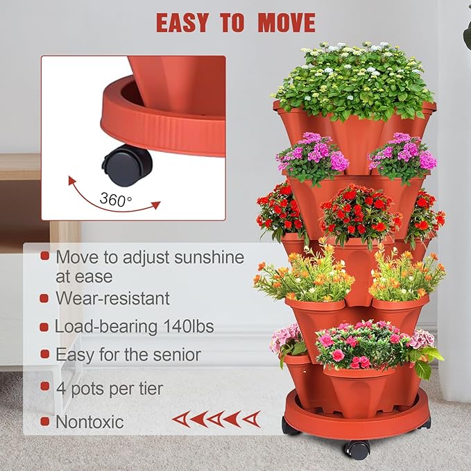 Vertical Strawberry Planter-5 Tier Stackable Herb Tower Planters Stacking Garden Planters Pot Outdoor with Tools Removable Wheels for Growing Flowers, Vegetables and Succulents