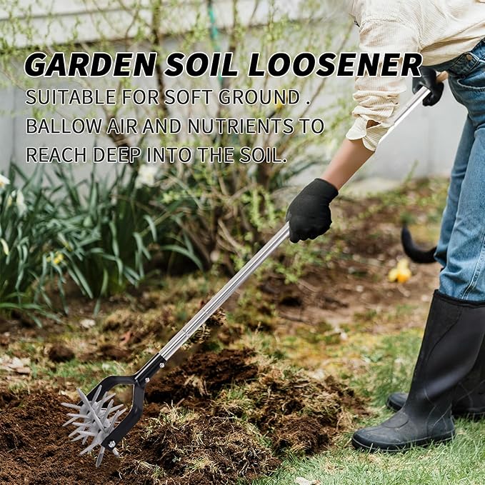 Rotary Cultivator Garden Tool, Adjustable Hand Tiller, Long Handle Cultivator for Aerating, Planting and Mixing Soil or Reseeding Grass