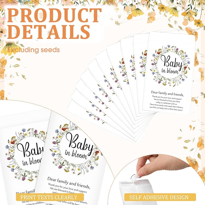 Fumete 50 Pcs Baby Shower Seed Packet Self Adhesive Kraft Envelopes Baby in Bloom Seed Storage Packets Mini Kraft Retro Paper Organizer for Gender Reveal Party, No Seeds(Wildflower)