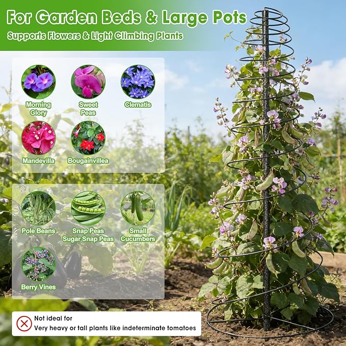 Trellis for Climbing Plants, 2PCs 45” Metal Spiral Frame Pea Trellis with Center Pole, Adjustable Vine Plant Tower Supports for Outdoor Beans,Cucumbers,Vegetable,Flowers,Pots,Garden Raised Bed,12” Dia