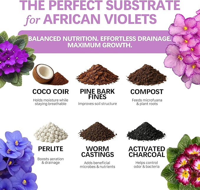 Premium African Violet Soil – Organic, Nutrient-Rich Potting Mix for Saintpaulia – Promotes Strong Roots, Consistent Moisture & Vibrant Blooms – Fast-Draining & Ready to Use (4 QTS)