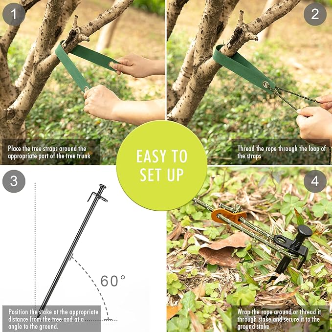 Heavy Duty Tree Stake Kits, 15.75 Inch Steel Tree Stakes and Supports for Young Tree Anti Strong Wind, Leaning Tree Anchor Straightening Kit with 6PCS Steel Stakes, 13.12 Feet Rope and Tree Straps
