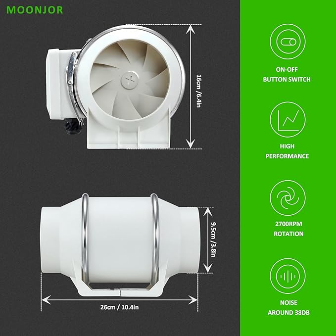 4inch Inline Duct Fan, Inline Ventilation Exhaust Fan, 120 CFM Duct Intake Extractor Fan for Vent Bathroom, Kitchen, Grow Tent, Hydroponics, 3D Printer