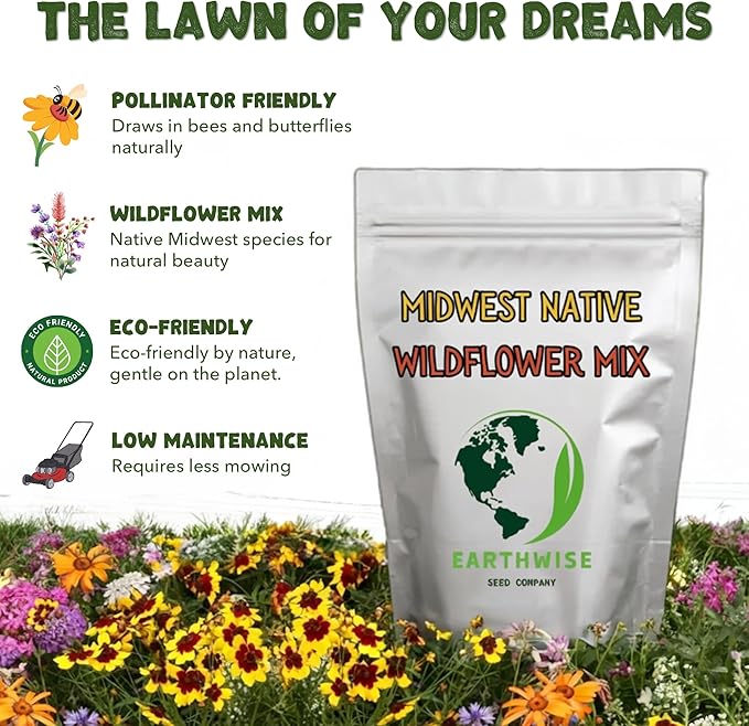 Earthwise Midwest Native Wildflower Seed Mix – 1/4 lb – Covers 250 sq ft – Region-Specific Flowers for Pollinators & Meadowscaping