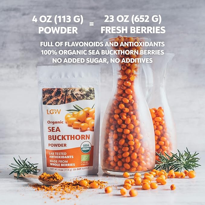 LOOV Organic Sea Buckthorn Berry Powder, High in Fiber, Omegas, Vitamin C, Vitamin E, Made from Whole Berries, 4 Oz, Grown in Nordic Climate, 23-Day Supply, No Added Sugar, Non-GMO