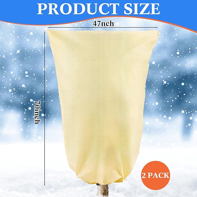 2 Pcs Plant Cover Freeze Protection, 47" x 70" Reusable Winter Frost Cover with Zipper & Drawstring, 2.8oz/yd² Heavy-Duty Tree Jacket for Outdoor Shrub & Fruit Tree Potted