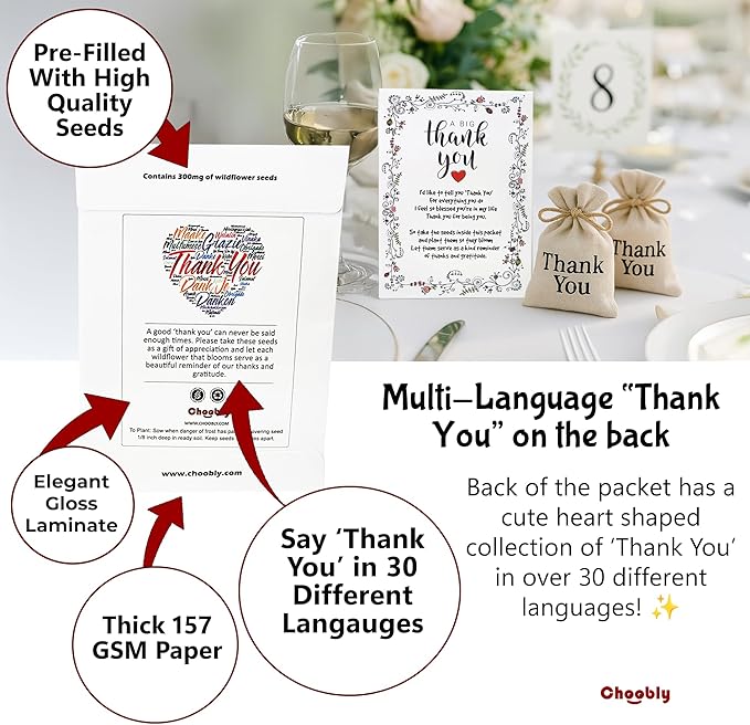 Thank You Seed Favors | 20 Packets | Pre-Filled | Show Thanks and Gratitude | Gender Neutral | Bridal Showers, Weddings, Baby Showers, Celebration of Life, Birthday, Memorial, Remembrance