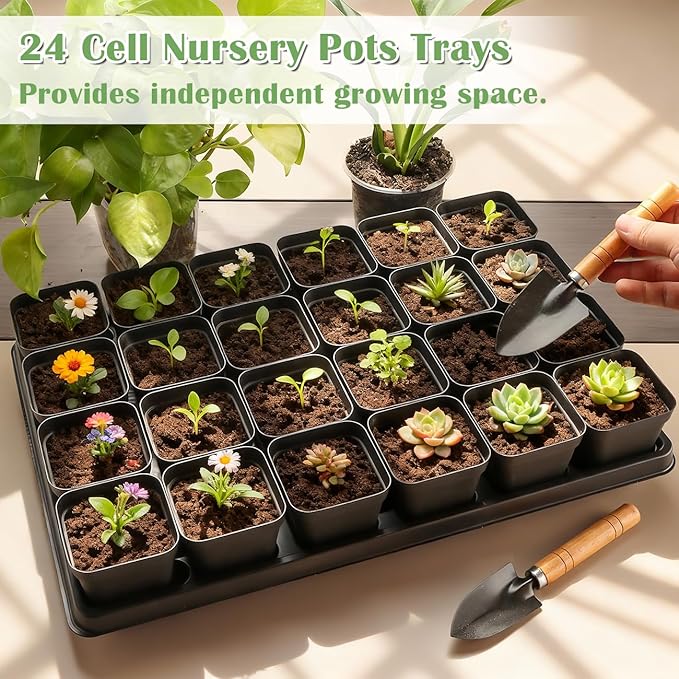 RooTrimmer 24 Cell Nursery Pots Trays 10 Pack (17"x11"x1.6"), Reusable Plastic Plant Pot Tray with Drain Holes, Carrying Seed Starter Tray for Holding 2.8 inch (7CM) Square Nursery Pots (Black)
