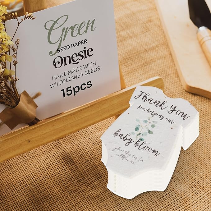 Seed Bloom Onesie Seed Paper – 15 Green Shower Favors for Guests with Wildflower Seeds, Writable & Plantable, Shower Favor Gifts for Guest