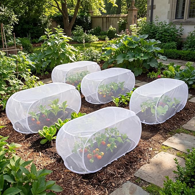 4 Pcs 39" x 18" x 16" Pop up Garden Mesh Plant Cover Outdoor Plant Protector Garden Row Raised Bed Cover with Ground Nails Crop Cage Net for Seedlings Vegetable Fruit Herbs (White)