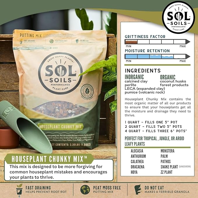 Sol Soils Chunky Houseplant Mix - Fast Draining Soil for Indoor Plants with Coco Coir Chips, Perlite, & Pumice, 10 Quart